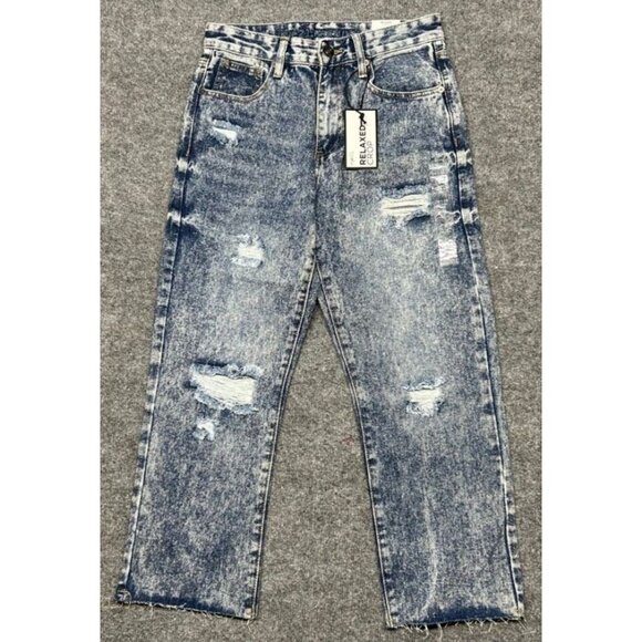 Rue21 Jeans Mens 28X26 Relaxed Cropped Blue Distressed Acid Wash Denim New - Picture 1 of 12